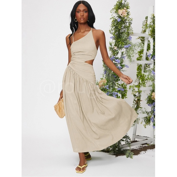 Linen Asymmetrical Beige Dress Cut Out Ruched Maxi Lace Up Back - Picture 7 of 8